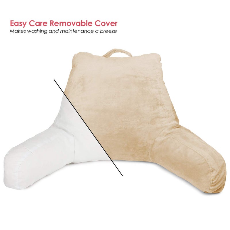 Clara Clark Reading Pillow, Back Rest Pillow for Sitting in Bed with Arms for Kids & Adults - Premium Shredded Memory Foam TV Sit Up Pillow - Medium, Cream - Image 3
